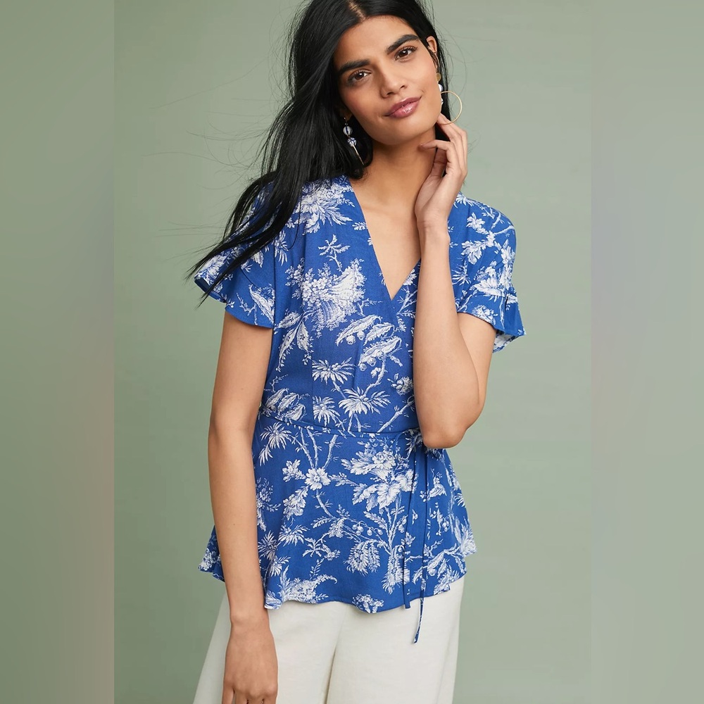 Anthropologie Maeve Clarita True Wrap Top Size 10 Blue Floral Viscose Spring Fun